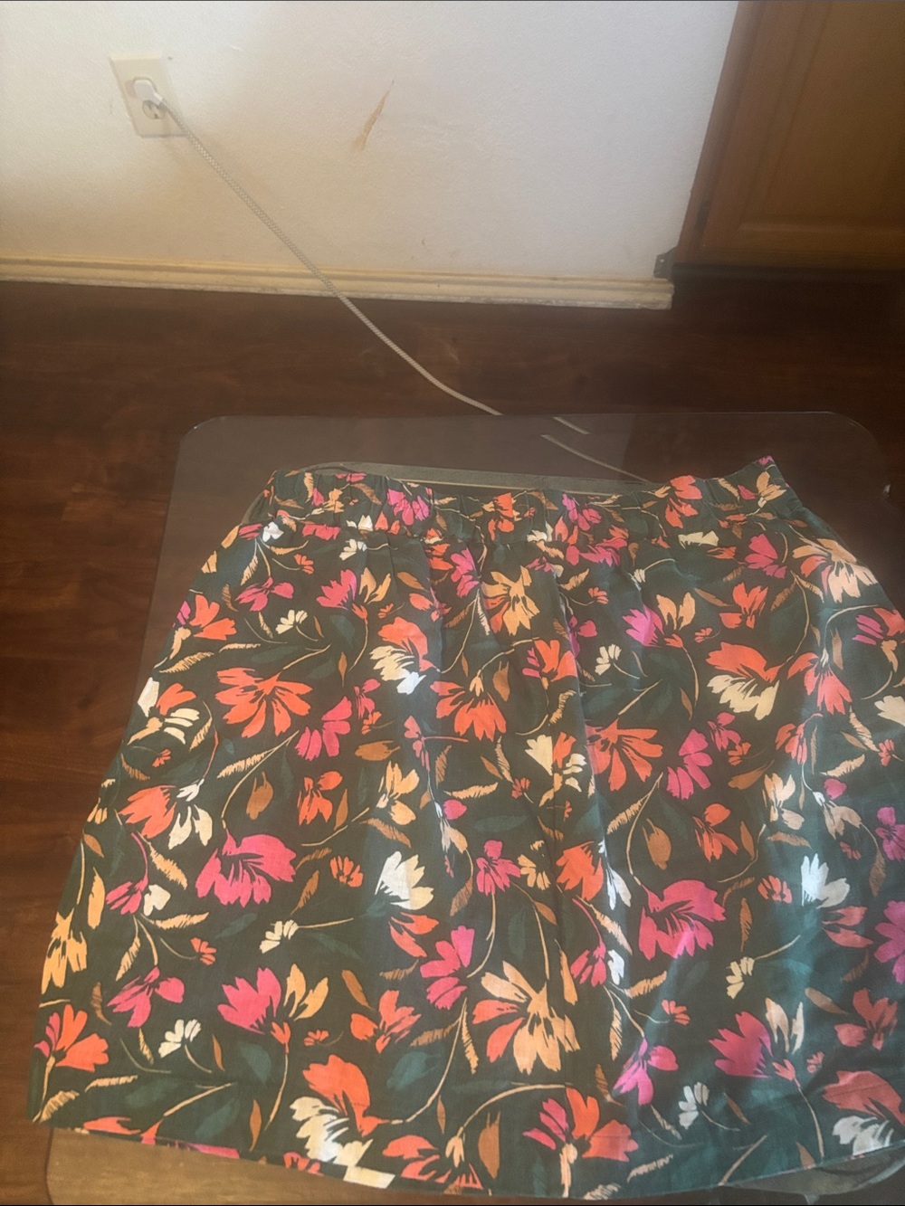 LOFT Dark Green A-Line Skirt with Pink, Orange & Cream Floral Print